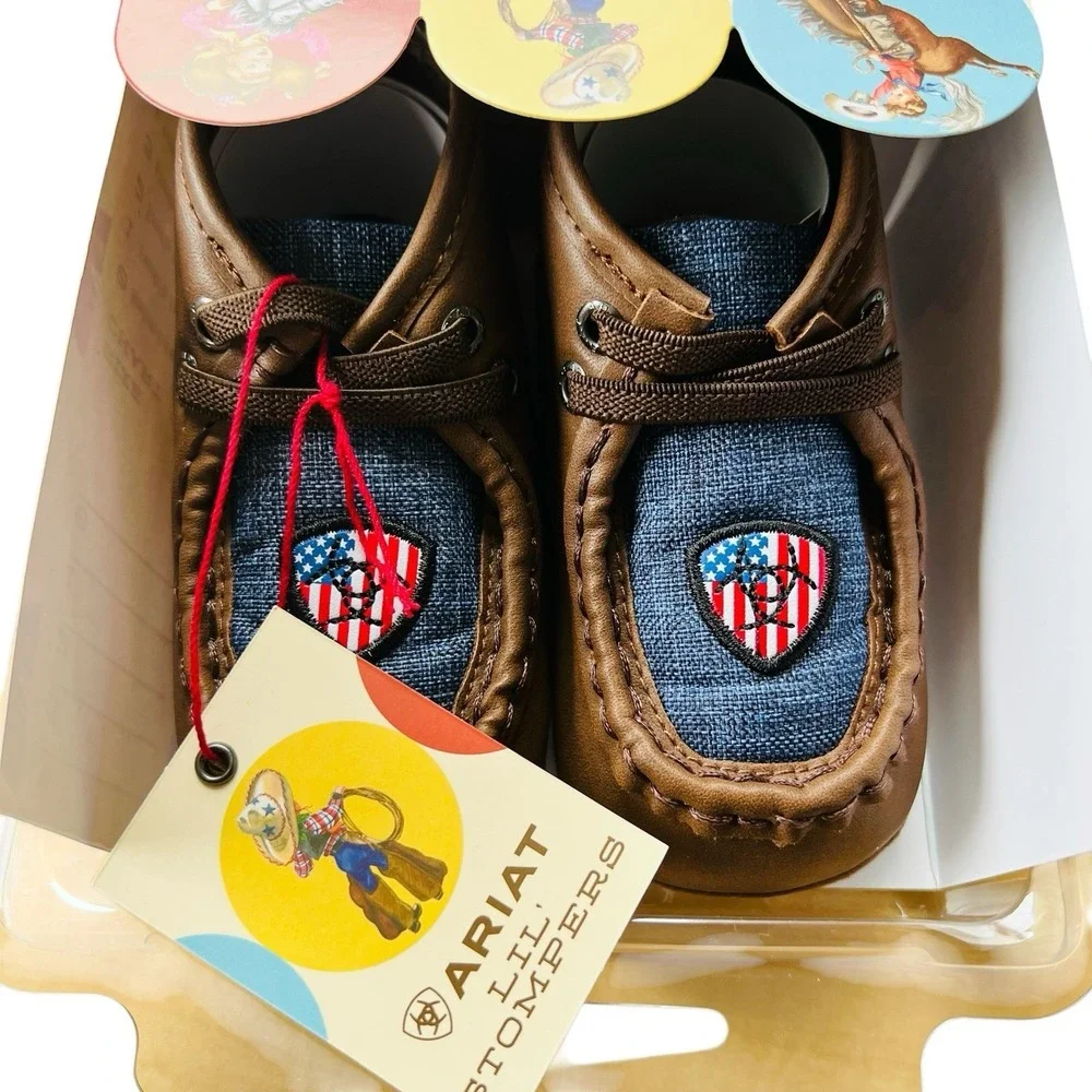 NWT Ariat Boys Lil' Stompers USA Spitfire Lightweight Brown Blue Shoes Sz 4